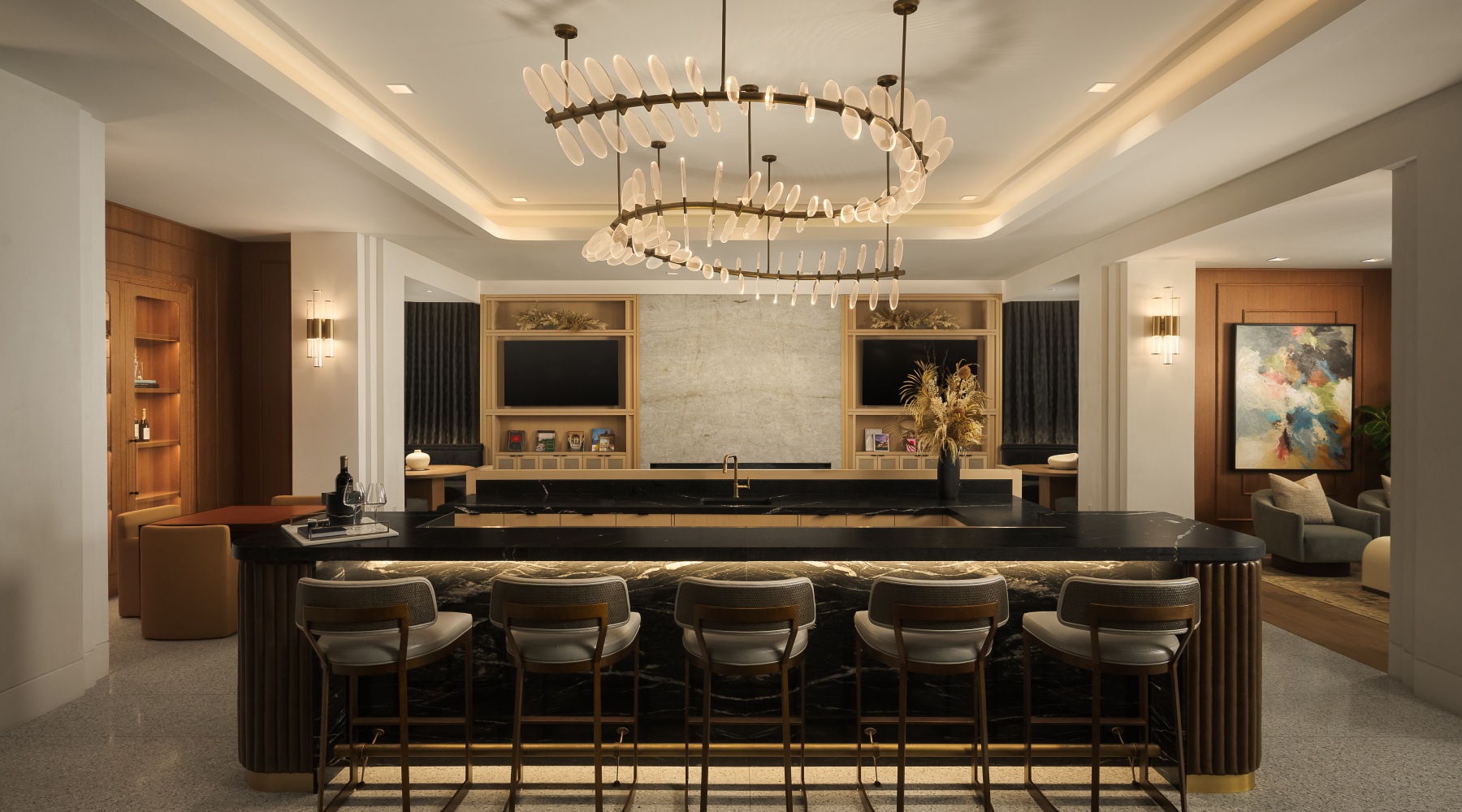 luxurious rooftop bar with wine fridges and poolside dining